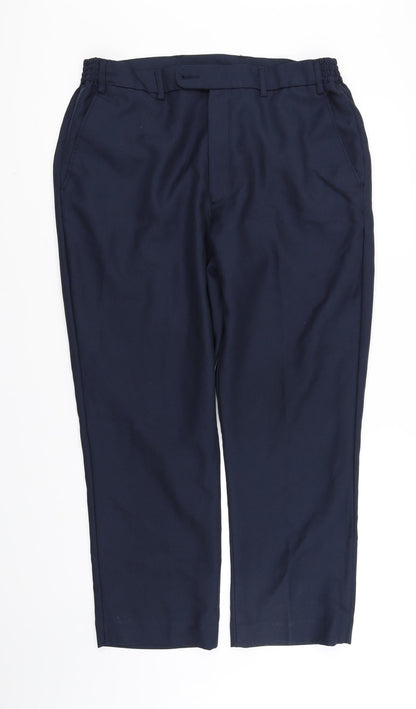 Additional front view of pre worn women’s blue trousers, size L, 20-inch leg