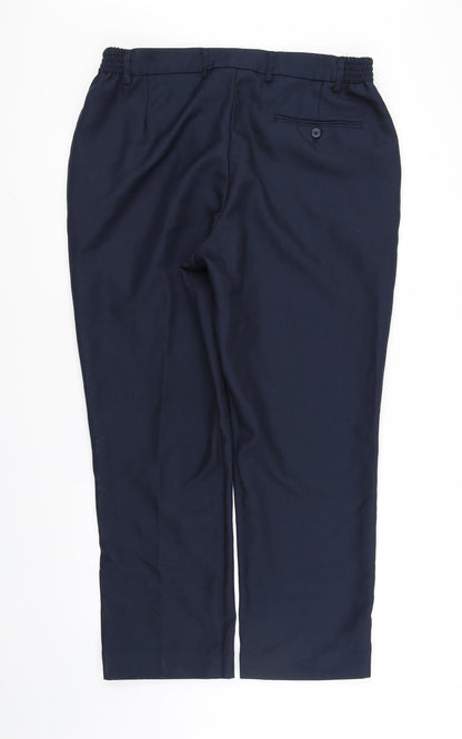 Back view of pre worn women’s blue trousers, size L, 20-inch leg