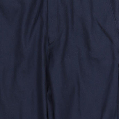 Close-up detail of pre worn women’s blue trousers, size L, 20-inch leg