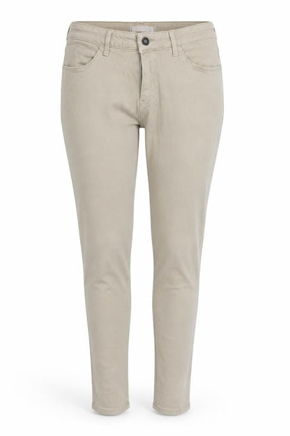 Front view of pre worn women’s beige trousers, size M, 34-inch leg