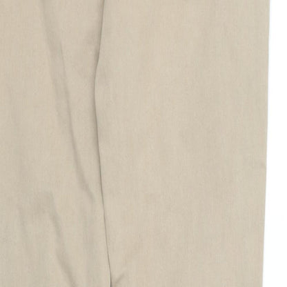 Brand and care label for pre worn women’s beige trousers, size M, 34-inch leg