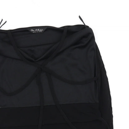 Close-up detail of miss selfridg women’s black basic blouse, size UK 6