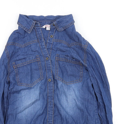 Close-up detail of miss e vie women’s blue basic button-up, size UK 10