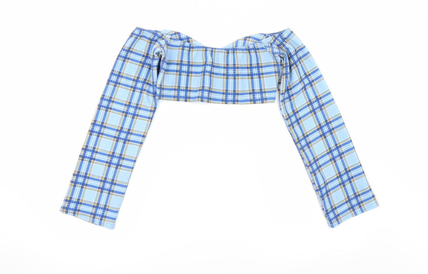 Boohoo Womens Blue Check  Cropped T-Shirt Size 10