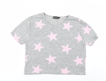 Additional front view of PRETTYLITTLETHING women’s grey polka dot basic t-shirt, size M