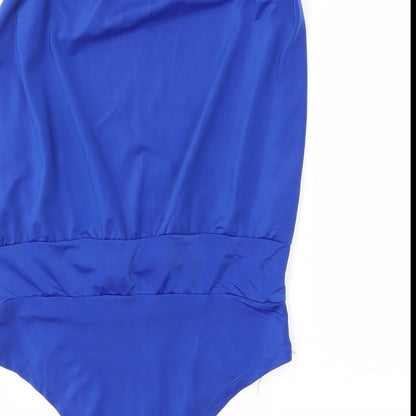 Brand and care label for Preworn women’s blue basic blouse, size M