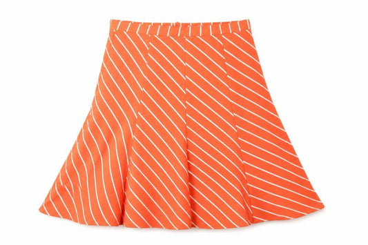 Front view of Preworn women’s orange striped flare skirt, size UK 36, in