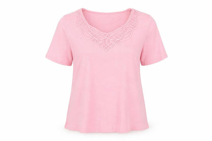 Front view of Preworn women’s pink basic t-shirt, size UK 14
