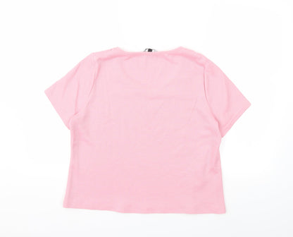 Back view of Preworn women’s pink basic t-shirt, size UK 14