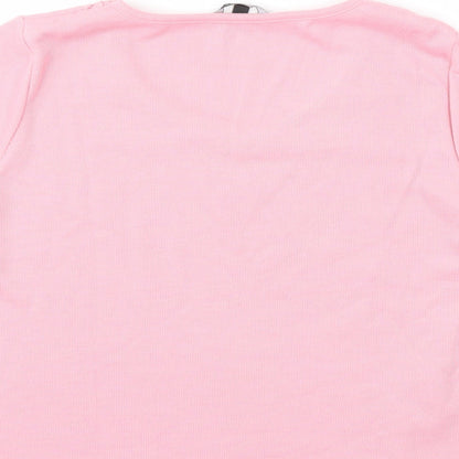 Brand and care label for Preworn women’s pink basic t-shirt, size UK 14