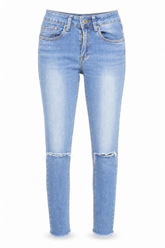 Front view of Quiz women’s blue denim skinny jeans, size UK 6