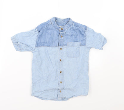 Additional front view of River Island boys’ blue denim basic button-up, size 6, years