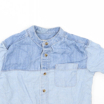 Close-up detail of River Island boys’ blue denim basic button-up, size 6, years