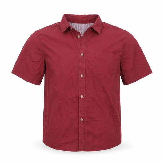 Front view of Industrialize men’s red button-up, size M
