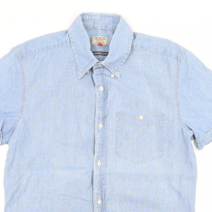 Close-up detail of Next men’s blue button-up, size S