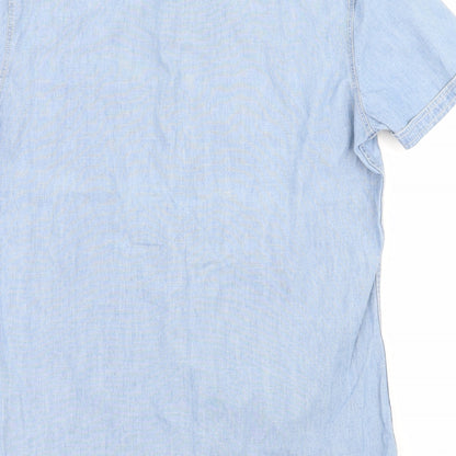 Brand and care label for Next men’s blue button-up, size S