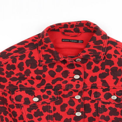 Close-up detail of Miss Toxic women’s red animal print jacket, size UK 8
