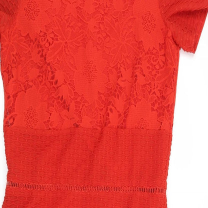 Close-up detail of Miss Selfridge women’s red floral shift, size UK 10