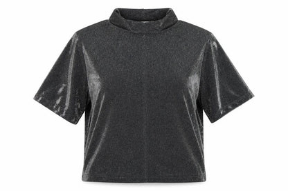 Front view of Exelle women’s silver basic blouse, size M, - oversized