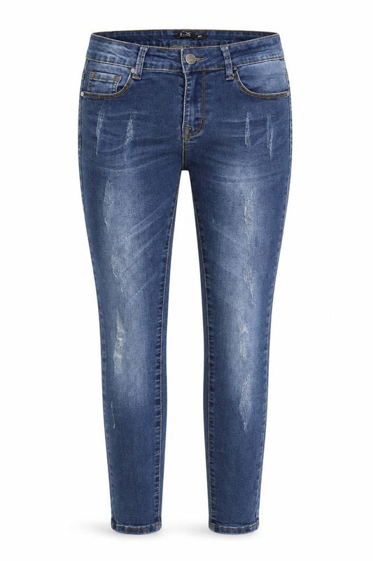 Front view of I-X London women’s blue skinny jeans, size UK 8, 27-inch leg