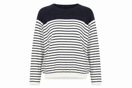 Front view of Topshop women’s blue striped jumper, size UK 10