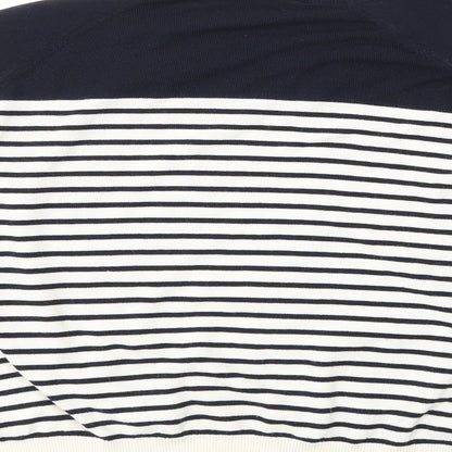Brand and care label for Topshop women’s blue striped jumper, size UK 10