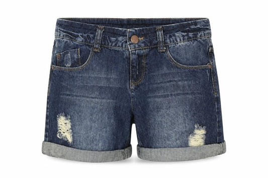 Front view of Love Label women’s blue chino shorts, size UK 8