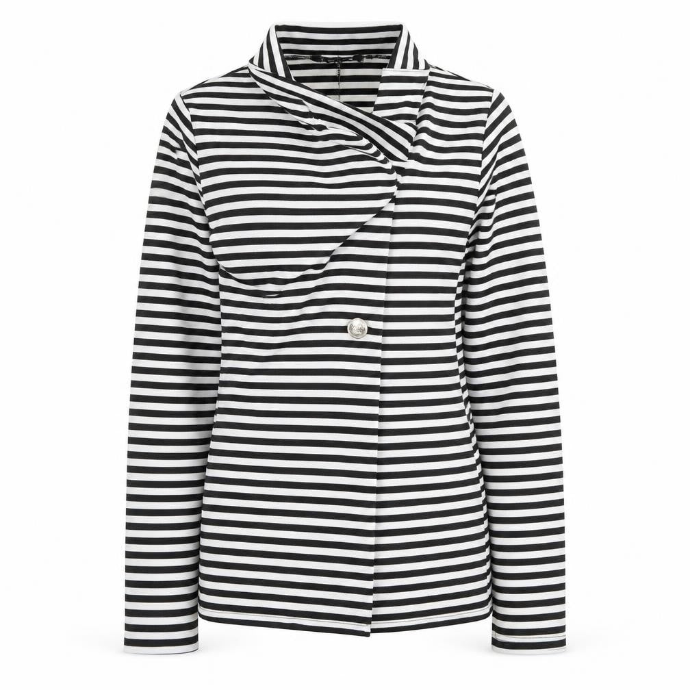 Front view of Lustre women’s black striped jacket, size UK 8