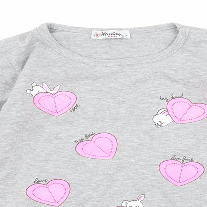 Close-up detail of atabay girls’ grey basic t-shirt, size 6-7, years - love bunny