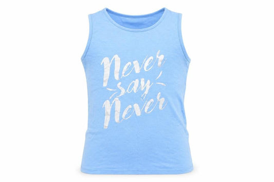 Front view of Txm kids girls’ blue basic tank, size 10-11, years - never say never