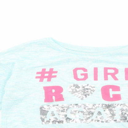 Close-up detail of St Bernard girls’ blue basic t-shirt, size 6, years - slogan