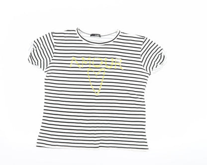 Additional front view of Quiz women’s black striped basic t-shirt, size UK 12, - amour