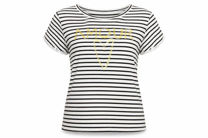 Front view of Quiz women’s black striped basic t-shirt, size UK 12, - amour