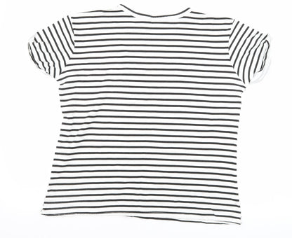 Back view of Quiz women’s black striped basic t-shirt, size UK 12, - amour