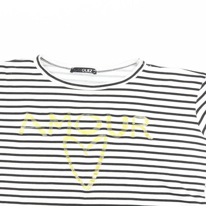 Close-up detail of Quiz women’s black striped basic t-shirt, size UK 12, - amour