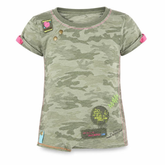 Front view of Next girls’ green camouflage pullover t-shirt, size 5, years