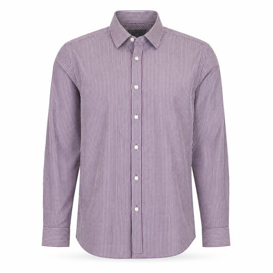Front view of Burton men’s purple striped button-up, size 14.5
