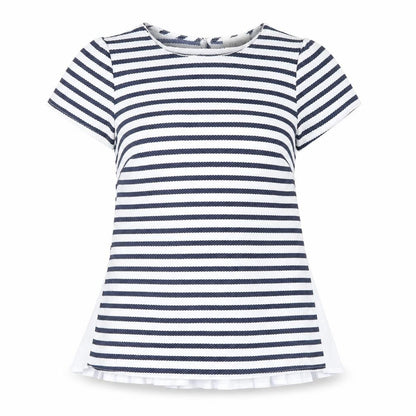 Front view of savida women’s blue striped basic t-shirt, size UK 8