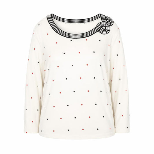 Front view of Country Casuals women’s white polka dot jumper, size XL