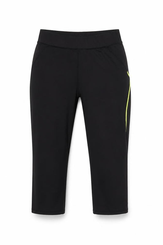 Front view of Preworn women’s black capri leggings, size S, 10-inch leg