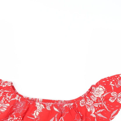 Close-up detail of New Look women’s red floral basic blouse, size UK 14