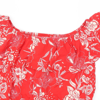 Brand and care label for New Look women’s red floral basic blouse, size UK 14