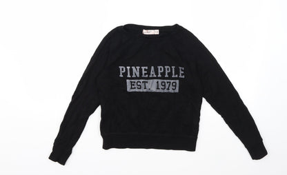 Front view of Pineapple girls’ black pullover sweatshirt, size 9-10, years