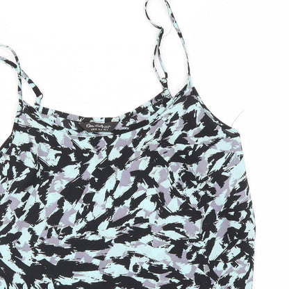 Close-up detail of Miss Selfridge women’s blue camouflage basic blouse, size UK 8
