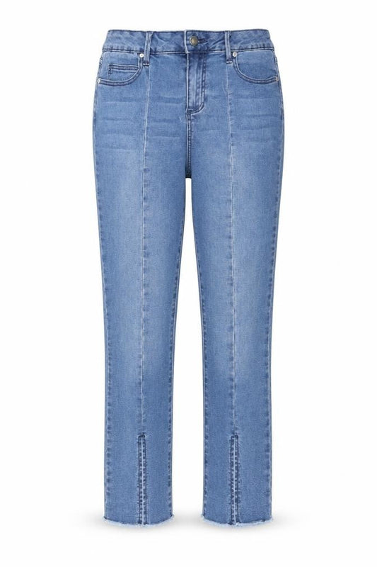 Front view of JustFab women’s blue straight jeans, size UK 28, 25-inch leg