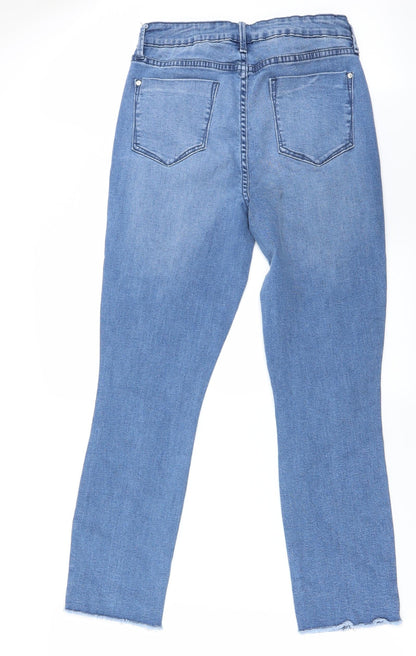 Back view of JustFab women’s blue straight jeans, size UK 28, 25-inch leg