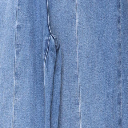 Close-up detail of JustFab women’s blue straight jeans, size UK 28, 25-inch leg