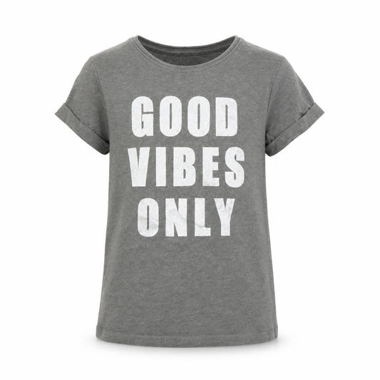 Front view of Primark girls’ grey basic t-shirt, size 7-8, years - good vibes only