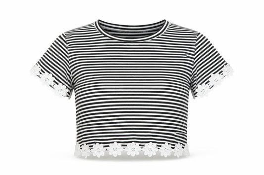 Front view of Hearts & Bows women’s black striped basic t-shirt, size UK 8, - cropped