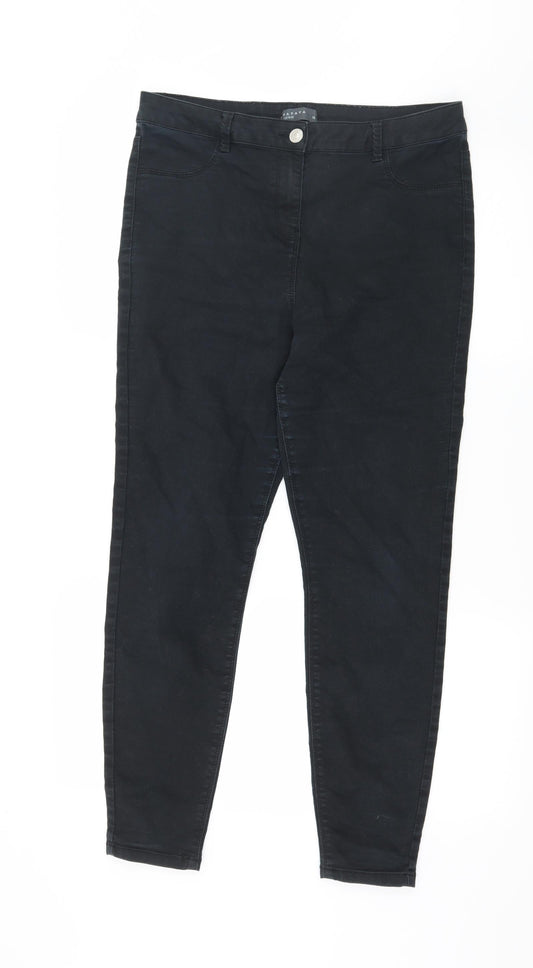 Front view of Papaya women’s black denim skinny jeans, size UK 12, 27-inch leg